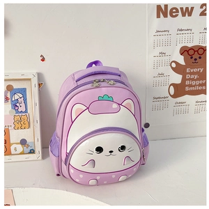 Detailed view of light purple cartoon cat backpack for kids in a cozy room setting