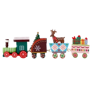 Classic wooden Christmas train ornament with festive figurines on a clean white background