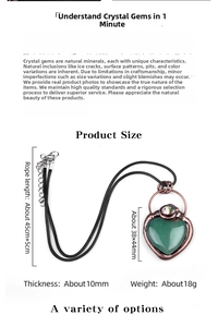 Macro shot of heart-shaped malachite pendant with vintage bronze border and size specs