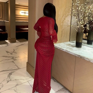Elegant red long sleeve polka dot mesh maxi dress with slimming ruched bodycon fit