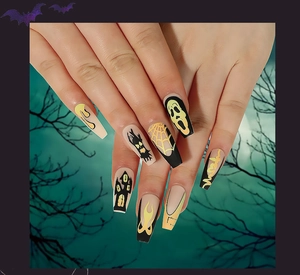 Detailed view of Halloween press-on nails with Ghostface mask and spider web designs