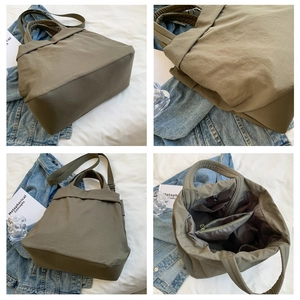 Detailed views of army green nylon tote bag featuring spacious interior and strap details