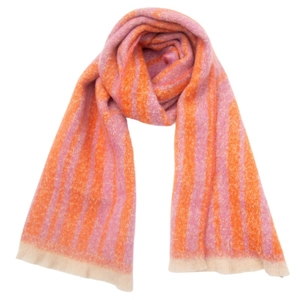 Close-up of pink and orange striped knit scarf with soft fringe and textured yarn