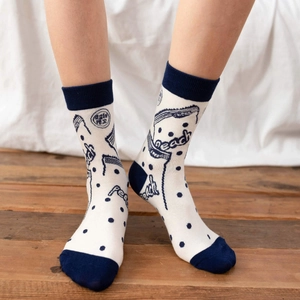 Japanese style mid-calf socks with Peach print and blue contrast heel and toe