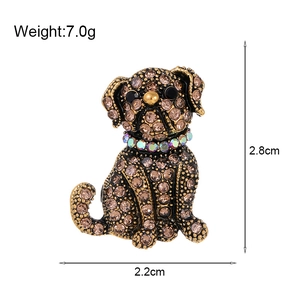 Retro bulldog brooch with brown crystals and colorful collar decor, size 2.8x2.2cm