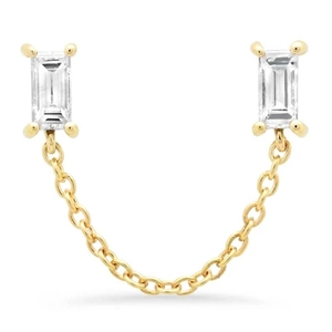 Close-up of S925 silver gold-plated chain earrings with emerald cut zircon crystals
