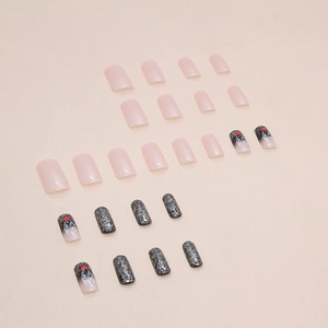 Christmas reindeer style square false nails with pink and silver glitter festive designs