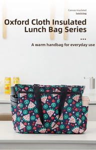 Detail showing side pockets of the insulated fruit print bag with bottle and umbrella