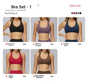 Selection of racerback sports bras in five diverse colors for high-impact fitness training