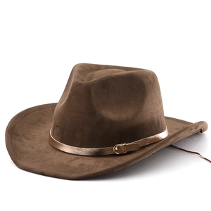 Classico cappello da cowboy western in pelle scamosciata marrone con fibbia dorata