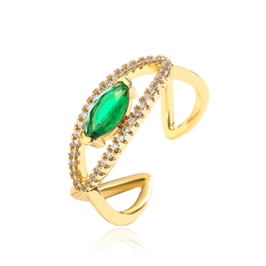 Luxury gold plated open ring with marquise green gemstone and sparkling zircons