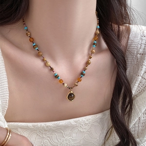 Collier Perlé En Acier Inoxydable Avec Pendentif En Verre Style Bohème Rétro Ethnique Pour Femmes