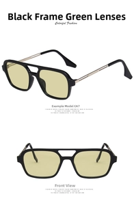 Retro aviator sunglasses with black frame and light green lenses in dual views