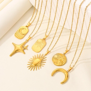 Detailed set of 18k gold plated stainless steel necklaces with moon and star pendants