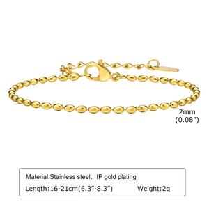 Detail of 2mm golden stainless steel bead chain bracelet with size and material labels