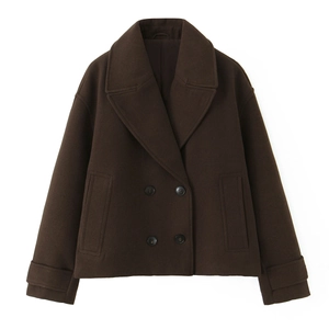 Short double-breasted coat in dark brown wool fabric shown in a clean flat lay view