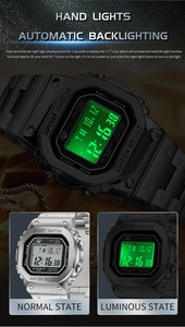 Detail showing the automatic backlighting function of square digital sports watch