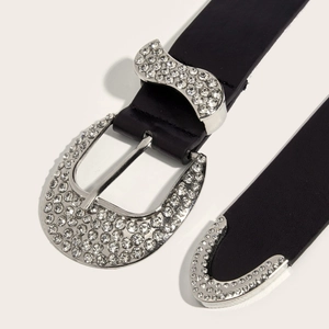Vintage western black belt with sparkly rhinestone horseshoe buckle and metal tip