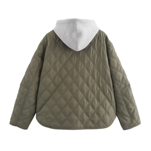Army green diamond quilted jacket with grey hood back view casual street fashion style