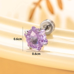 6mm star-shaped purple zircon stud earring in silver titanium steel finish