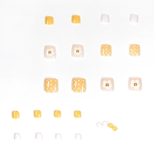 Summer yellow plaid press-on toe nails with white daisy flower patterns and glossy finish