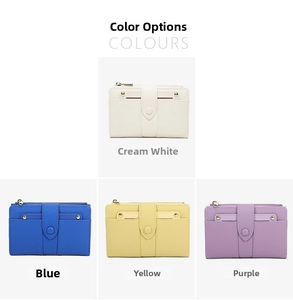 Collection of short wallets in white, blue, yellow, and purple with gold buckles