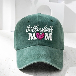 Dark green washed cotton baseball cap featuring Volleyball MOM heart embroidery