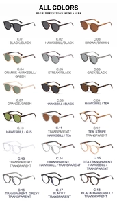 Grid layout showing 18 colors of retro round polarized sunglasses with rivet details