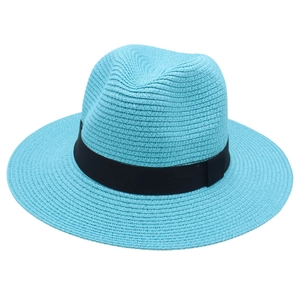 Classic bright blue straw Panama Fedora hat with elegant black ribbon for men and women