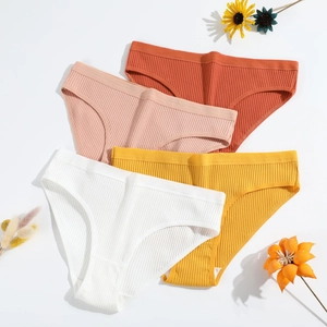 Culottes En Coton Côtelé Pour Femmes Respirantes Couleur Unie Taille Mi-Basse Slips Doux Élastiques Avec Entrejambe Double Couche