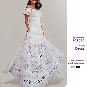 Off Shoulder Spitzen Maxikleid Rüschen Durchbrochen Gestuftes Boho Urlaub Elegantes Ärmelloses Kleid Für Damen