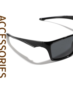Detail view of rectangular Y2K sunglasses with wide streamlined temples and geometric lines