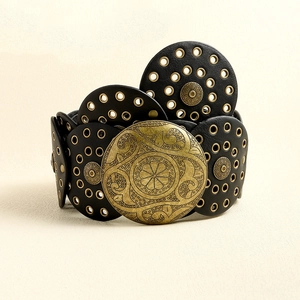 Close-up of black leather wide belt with vintage round gold buckle and decorative studs
