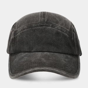 Classic washed cotton 5-panel baseball cap in charcoal grey with vintage worn effect