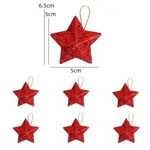Pack of 6 red glitter star ornaments for Christmas tree decor, size 5x5cm with gold string