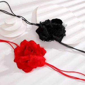 Chiffon rose flower necklace set with red and black floral design and fringe details