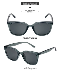 Detail view of square TR90 polarized sunglasses in translucent grey-green with TAC lenses