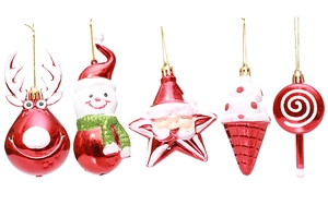 Set of 5 red and white Christmas ornaments including reindeer and snowman with gold strings