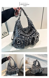 Detail of leopard print tote bag with metal ring pockets and secure zipper closure