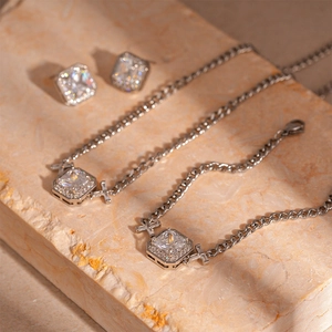 Silver cuban chain jewelry set with square zircon pendants and cross accents