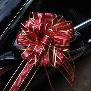 Large red and gold bow ribbon with 'I Love You More' text on car side mirror