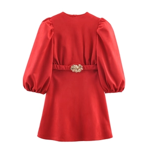 Robe Courte Sexy En Daim Femmes Manches Bouffantes Moulante Fête Ceinture Avec Boucle Fleur Dorée