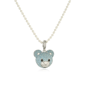 Cute silver bead chain necklace with blue and black zirconia teddy bear head pendant