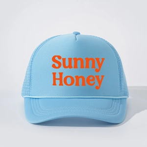 Sky blue mesh trucker hat featuring bright orange Sunny Honey text print on front fabric