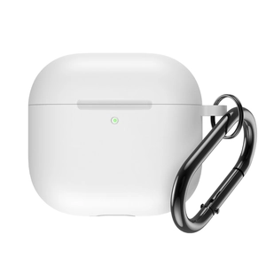 Detailed view of white silicone AirPods 4 case with black metal carabiner on white background