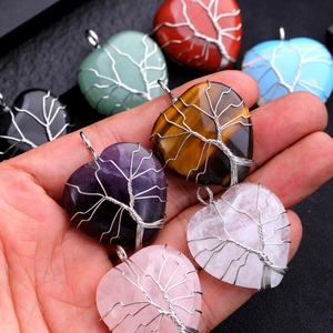 Handcrafted Tree of Life heart pendants with colorful natural stones and wire wrapping