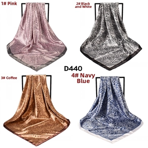 Four-grid view of paisley satin square scarves in pink, black, coffee and navy colors