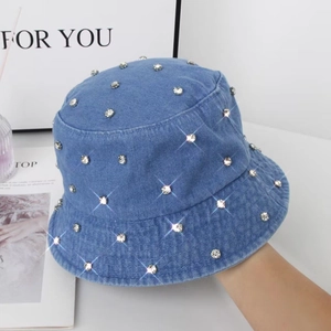 Blue denim bucket hat with sparkling rhinestones for women, casual and stylish sun hat