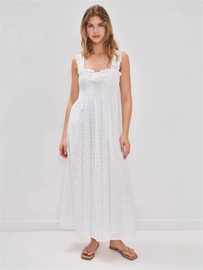Women's Elegant White Lace Halter Maxi Dress French Style 3D Flower Decoration Sleeveless High Waist Polyester Long Dress