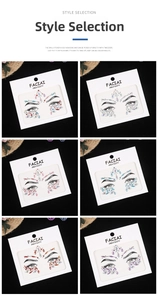 Detailed view of self-adhesive face jewels in six colors for festival makeup decoration